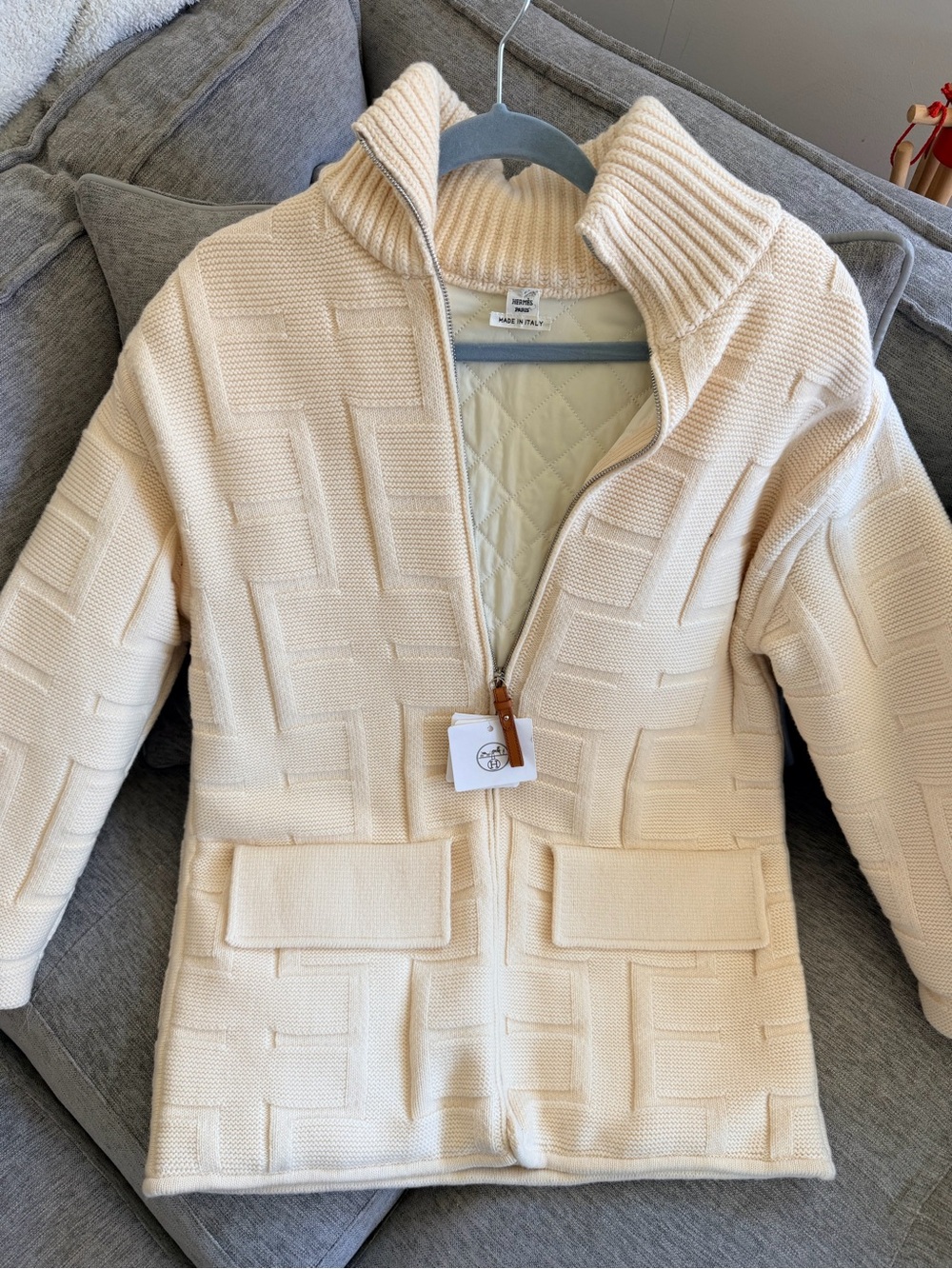 Hermes Cream Quilted Knit Zip-Front Jacket